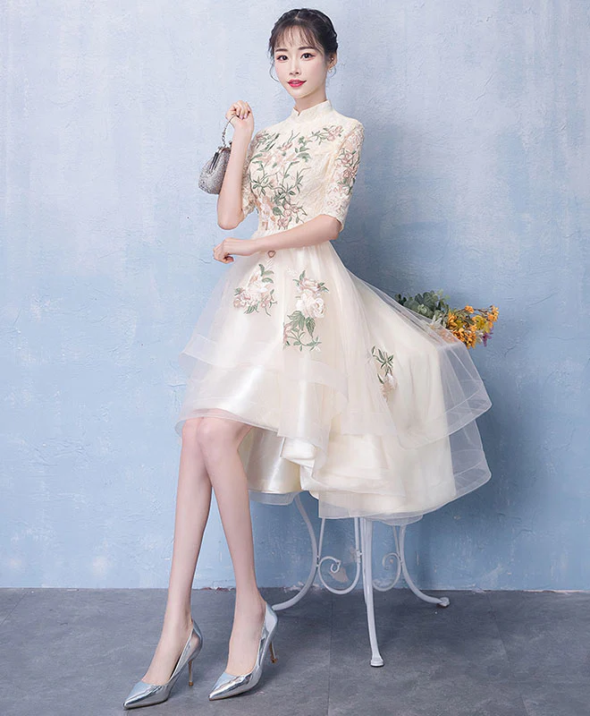 Unique Champagne Tulle Lace Applique Prom Dress, Evening Dress - Deanwangkt