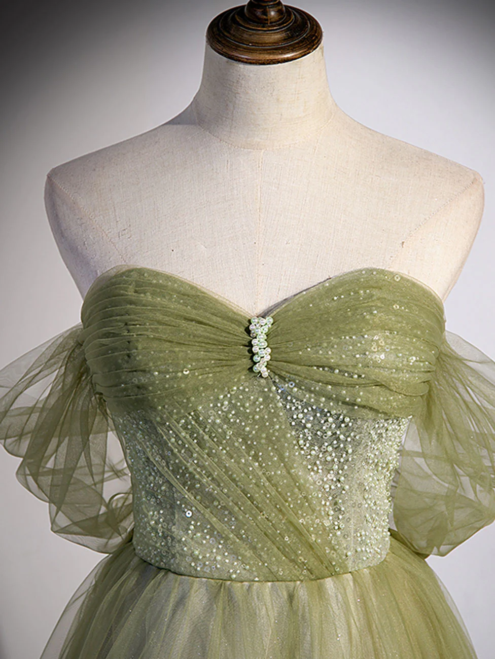 A Line Green Tulle Long Prom Dress, Green Formal Evening Dress with Beading - Deanwangkt