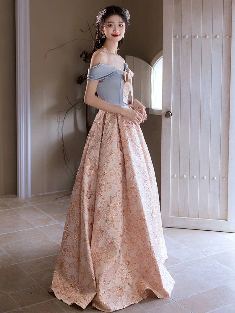 A-Line Off Shoulder Satin Pink Long Prom Dress, Pink Long Evening Dress - Deanwangkt