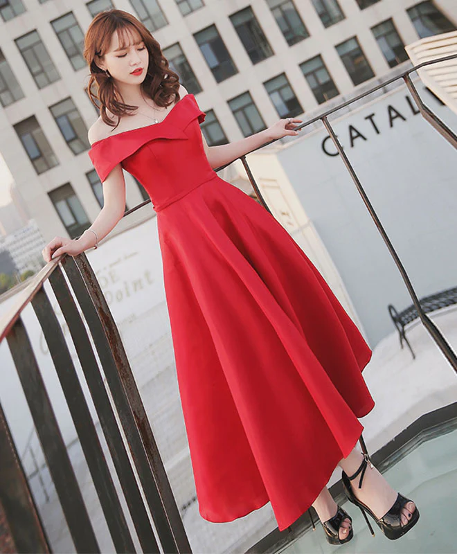 Simple Red Off Shoulder Tea Length Prom Dress, Red Evening Dress - Deanwangkt