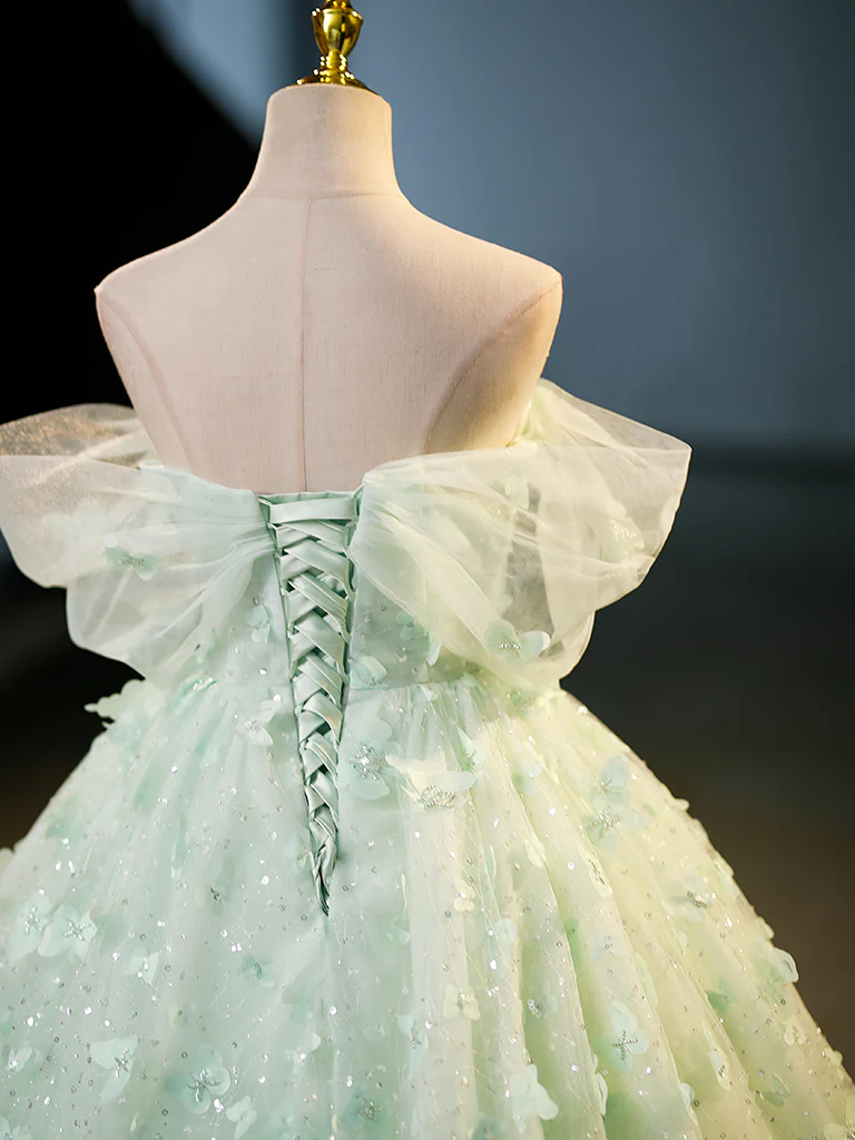 Green Tulle A-Line Lace Long Prom Dress, Green Lace Long Sweet 16 Dress - Deanwangkt