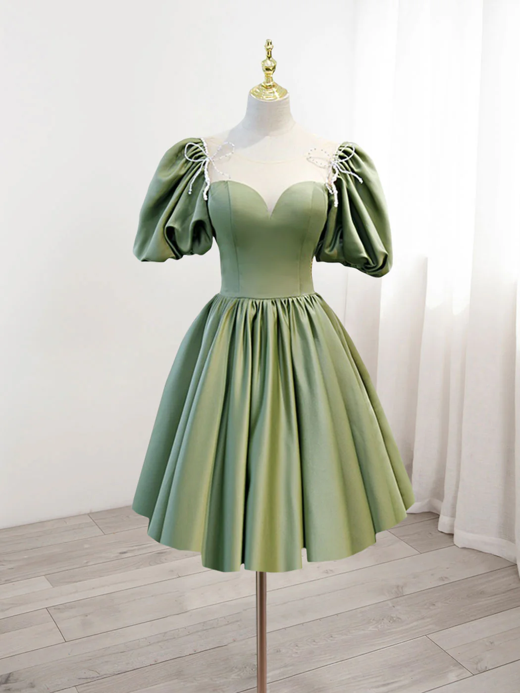 A-Line Green Puffy Sleeve Satin Short Prom Dress, Green Short Formal Dress - Deanwangkt