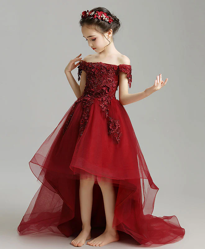 Burgundy High Low Tulle Lace Flower Girl Dress, Party Girl Dress - Deanwangkt