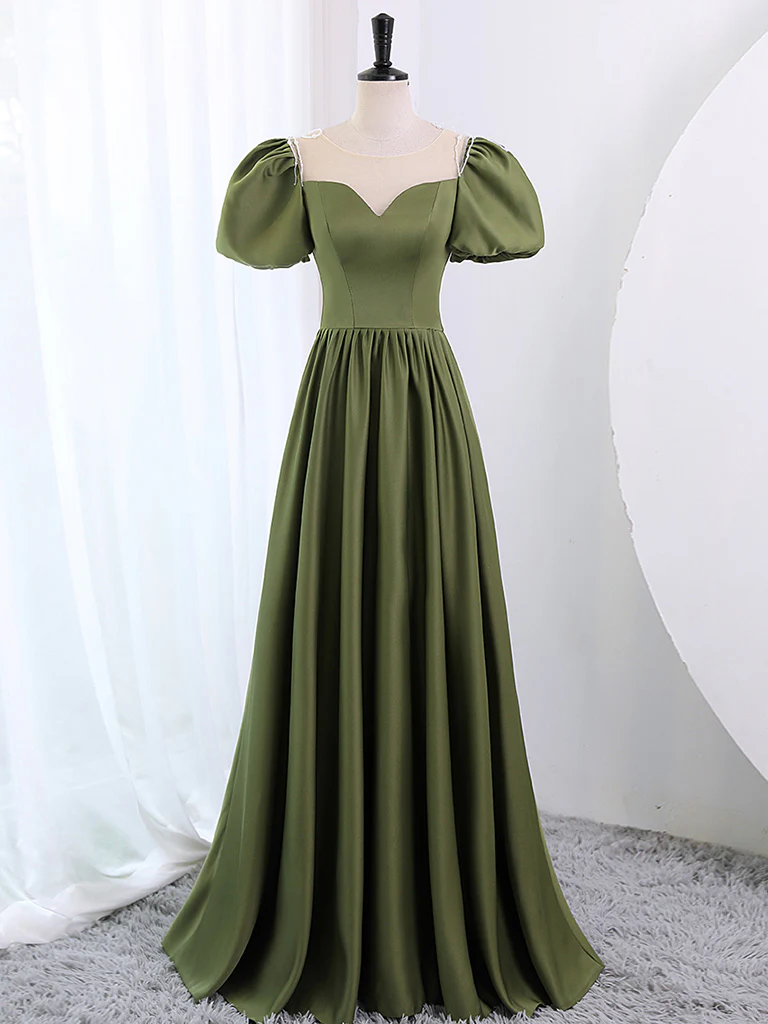 A-Line Scoop Neckline Puff Sleeves Satin Long Green Prom Dress, Green Formal Dress - Deanwangkt