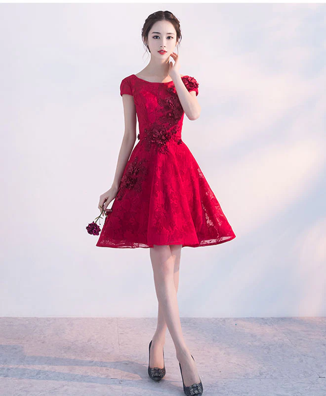 Champagne A-Line Tulle Lace Short Prom Dresses, Champagne Homecoming Dresses - Deanwangkt