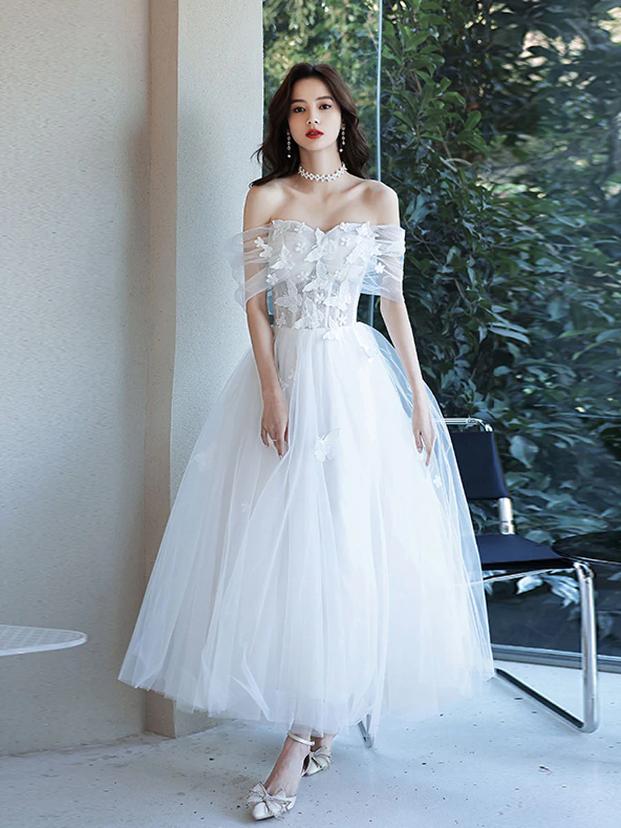 White Sweetheart Off Shoulder Tulle Lace Tea Length Prom Dress - Deanwangkt