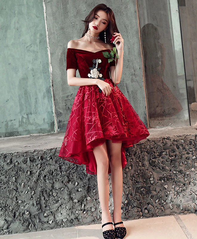Burgundy Tulle Applique Short Prom Dress, Homecoming Dress - Deanwangkt
