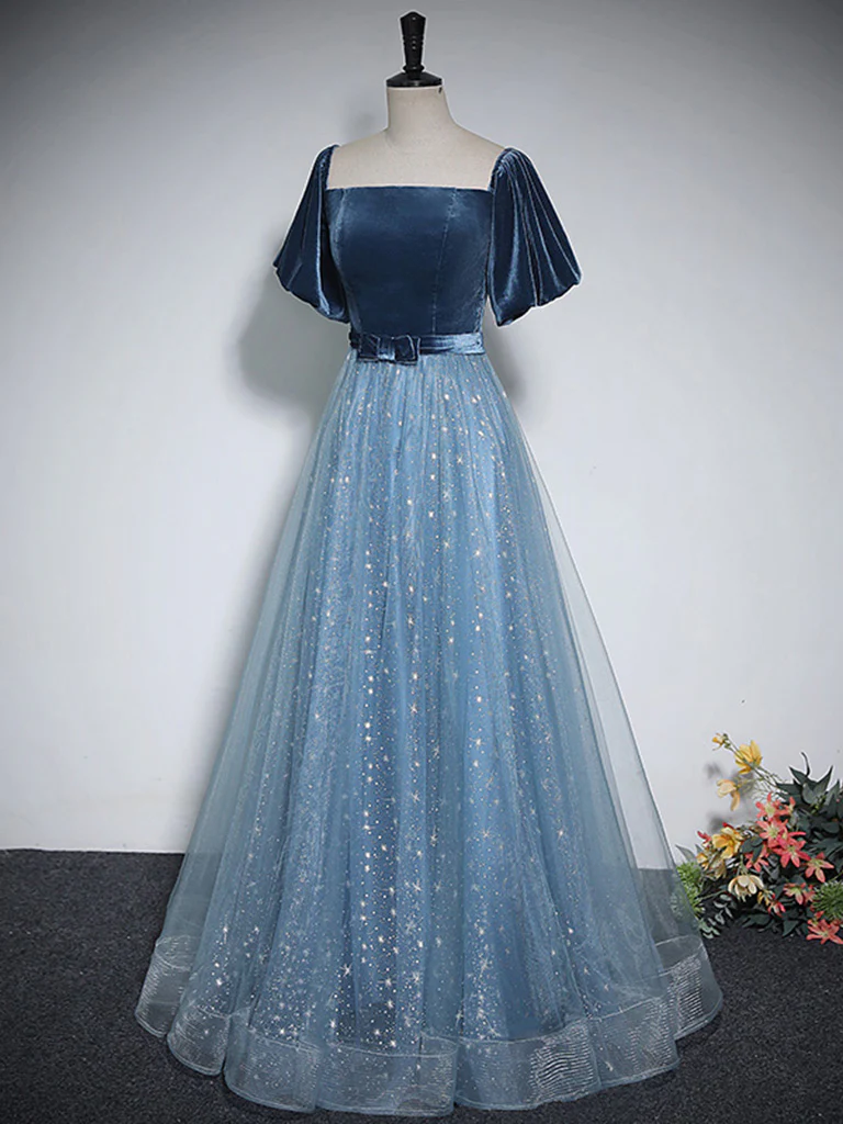 A-Line Tulle Velvet Blue Long Prom Dress, Blue Tulle Formal Dress - Deanwangkt
