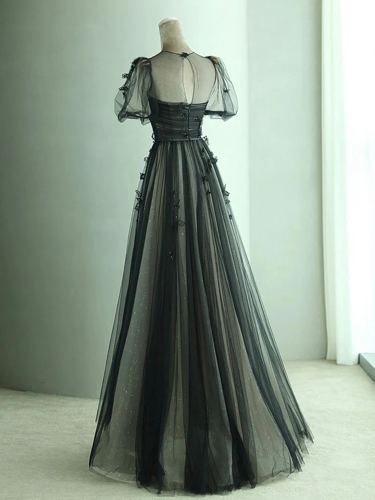 A-Line Black Puff Sleeves Tulle Long Prom Dress, Black Formal Evening Dress - Deanwangkt