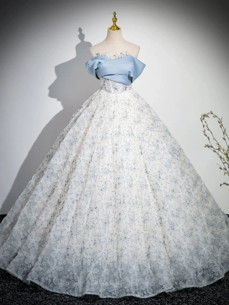 A-line Off Shoulder Tulle Lace Blue Long Prom Dress, Blue Long Formal Dress - Deanwangkt
