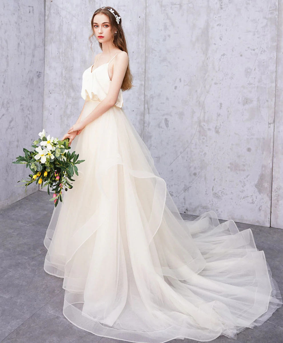 Light Champagne Tulle Long Prom Dress Champagne Tulle Formal Dress - Deanwangkt