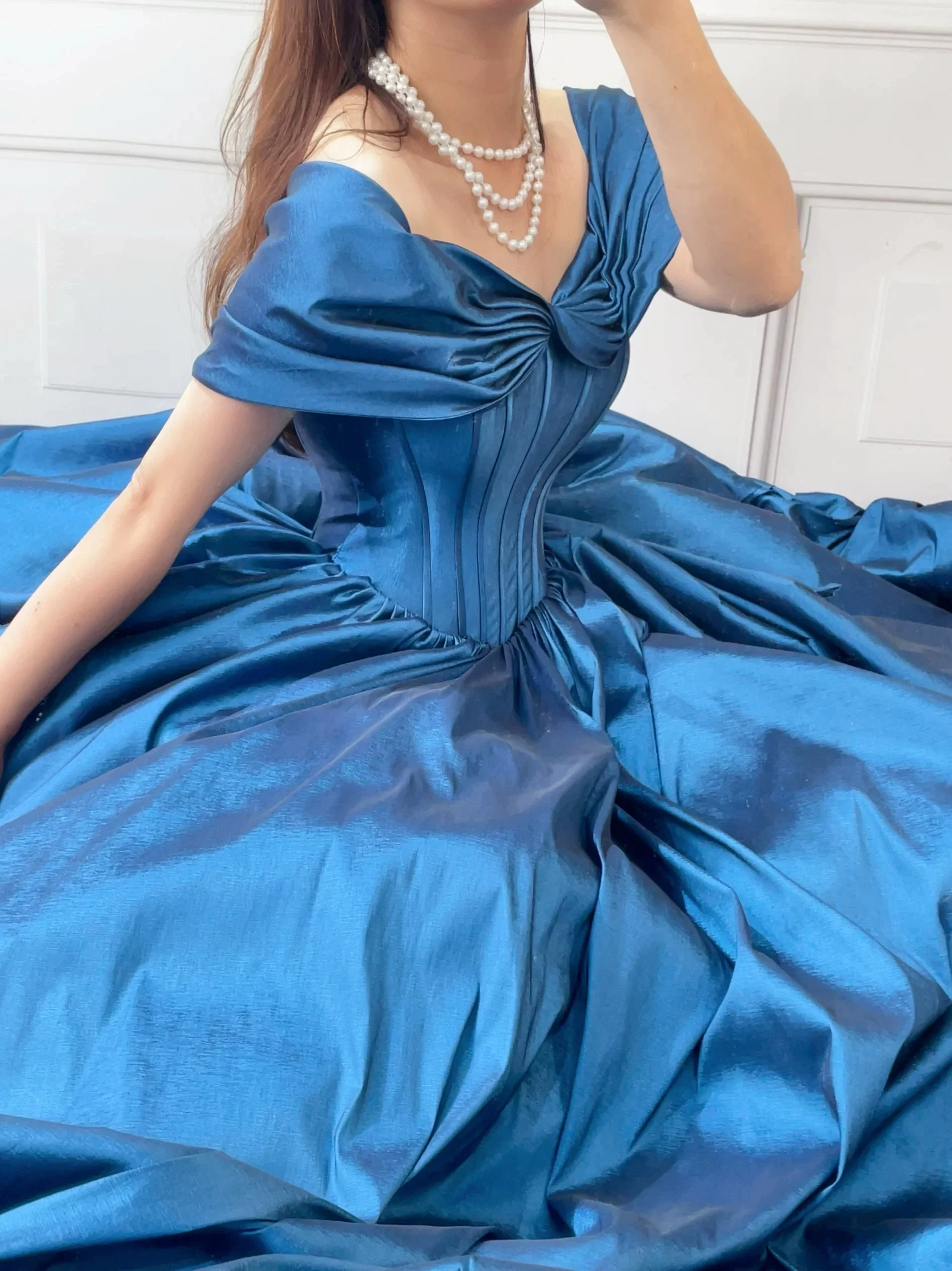 A-Line Off Shoulder Blue Long Prom Dress, Blue Long Formal Dress - Deanwangkt