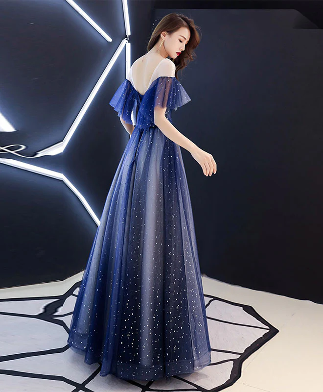 Blue V Neck Tulle Long Prom Dress, Blue Tulle Evening Dress - Deanwangkt