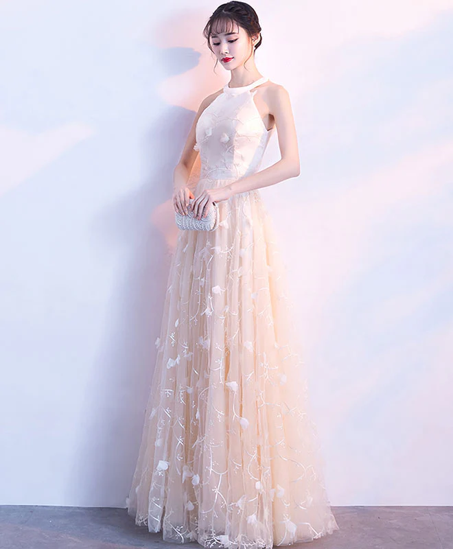 Champagne Lace Tulle Long Prom Dress, Champagne Evening Dress - Deanwangkt
