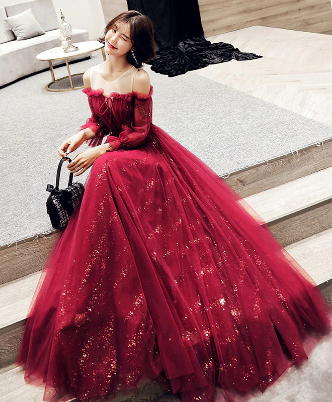 Dark Red Tulle Lace Long Prom Dress, Dark Red  Evening Dress - Deanwangkt