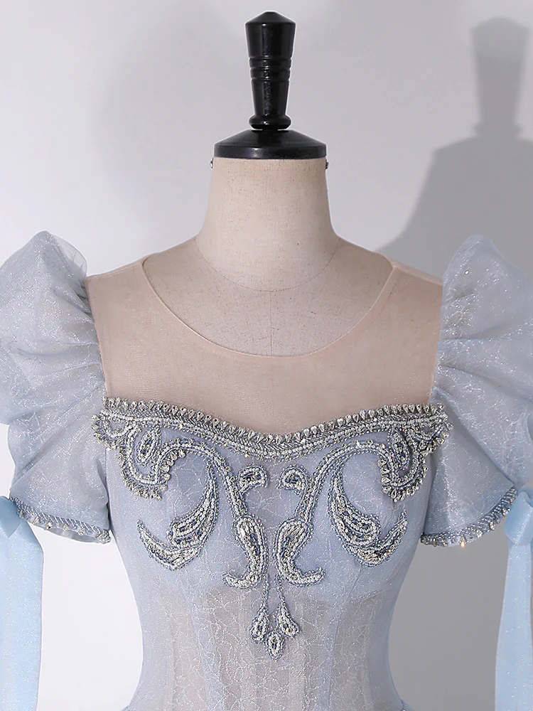 A-Line Scoop Neckline Tulle Light Blue Long Prom Dress with Beads - Deanwangkt