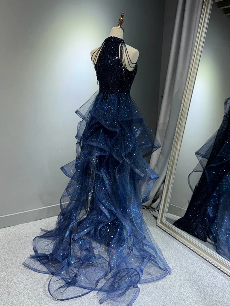 A-Line Tulle Sequin Dark Blue Long Prom Dress, Dark Blue Long Formal Dress - Deanwangkt