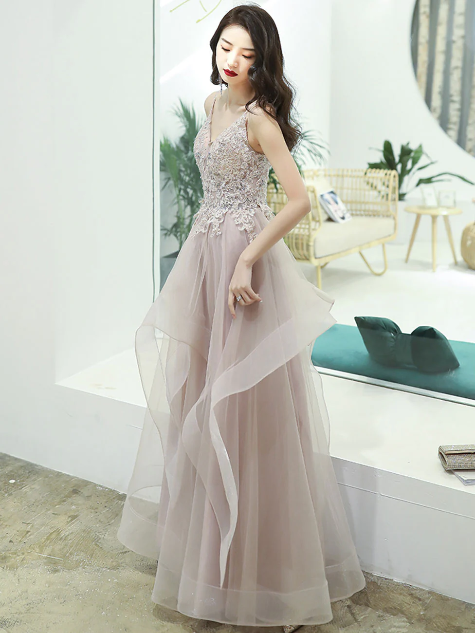 A-Line V Neck Pink Long Prom Dress, Pink Formal Graduation Dress with Lace Beading - Deanwangkt