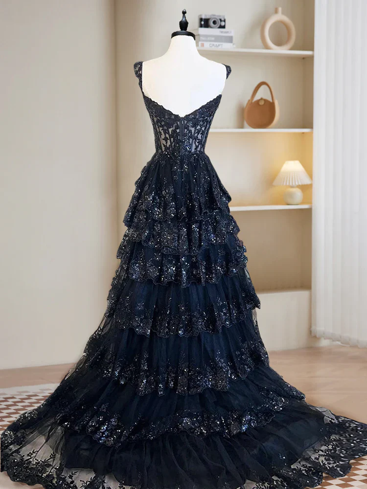 A-Line Tulle Sequin Blue Long Prom Dress, Blue Sequin Long Formal Dress - Deanwangkt