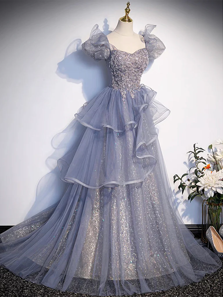 A-Line Sweetheart Neck Tulle Sequin Gray Blue Long Prom Dress, Gray Blue Long Formal Dress - Deanwangkt