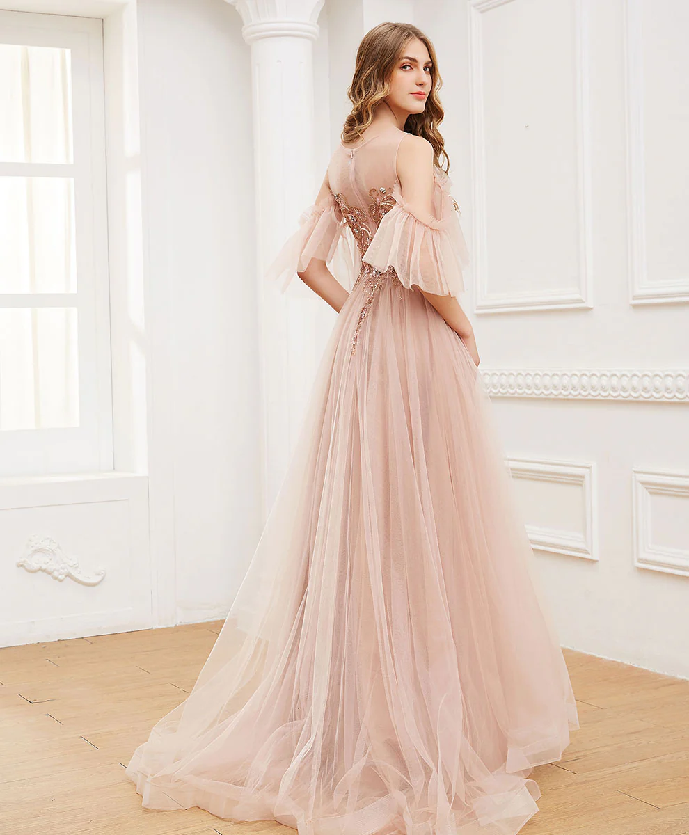 Pink Round Neck Tulle Beads Long Prom Dress Formal Dress - Deanwangkt