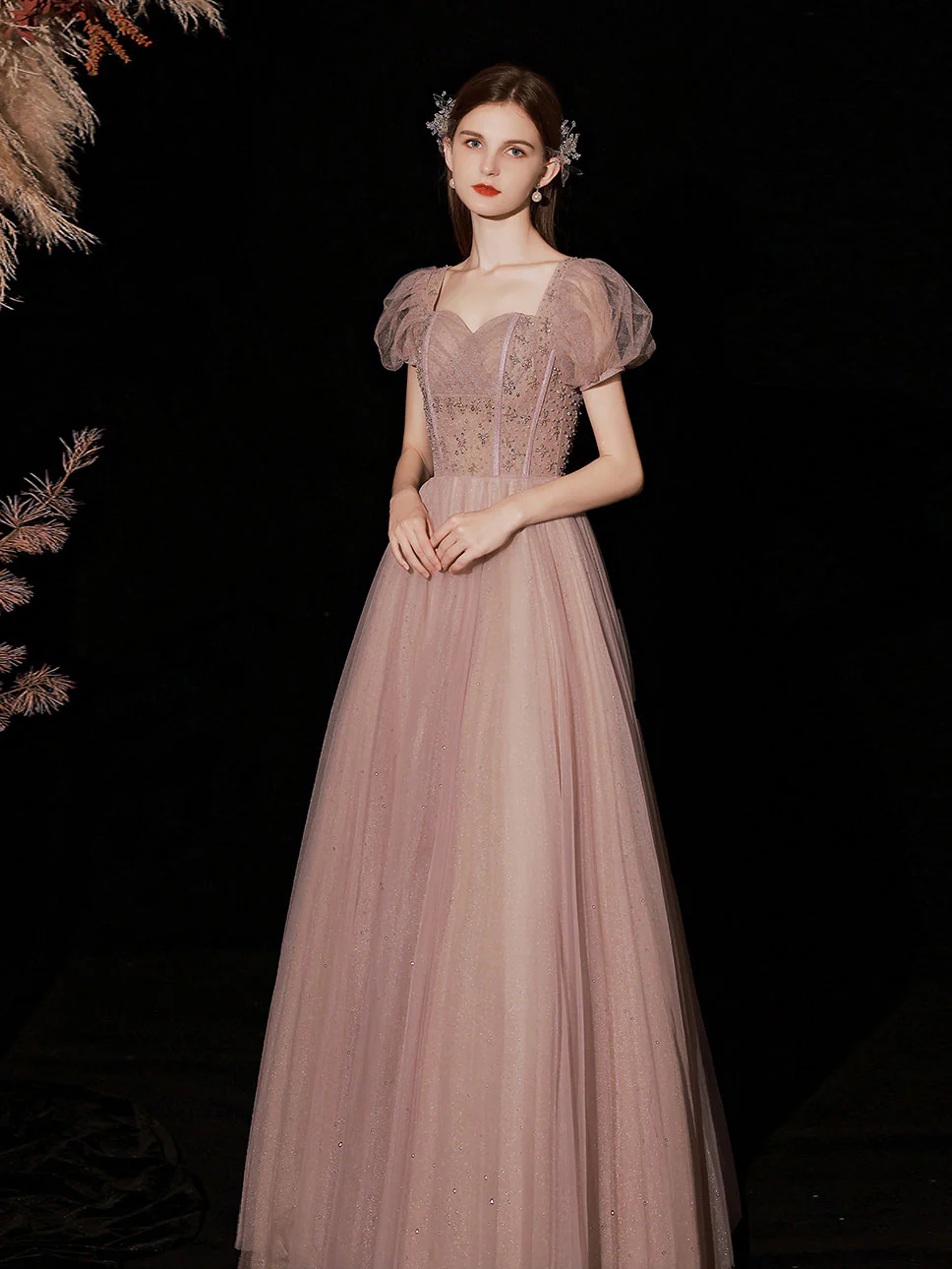 Pink A line Tulle Lace Long Prom Dress, Pink Tulle Formal Dresses - Deanwangkt