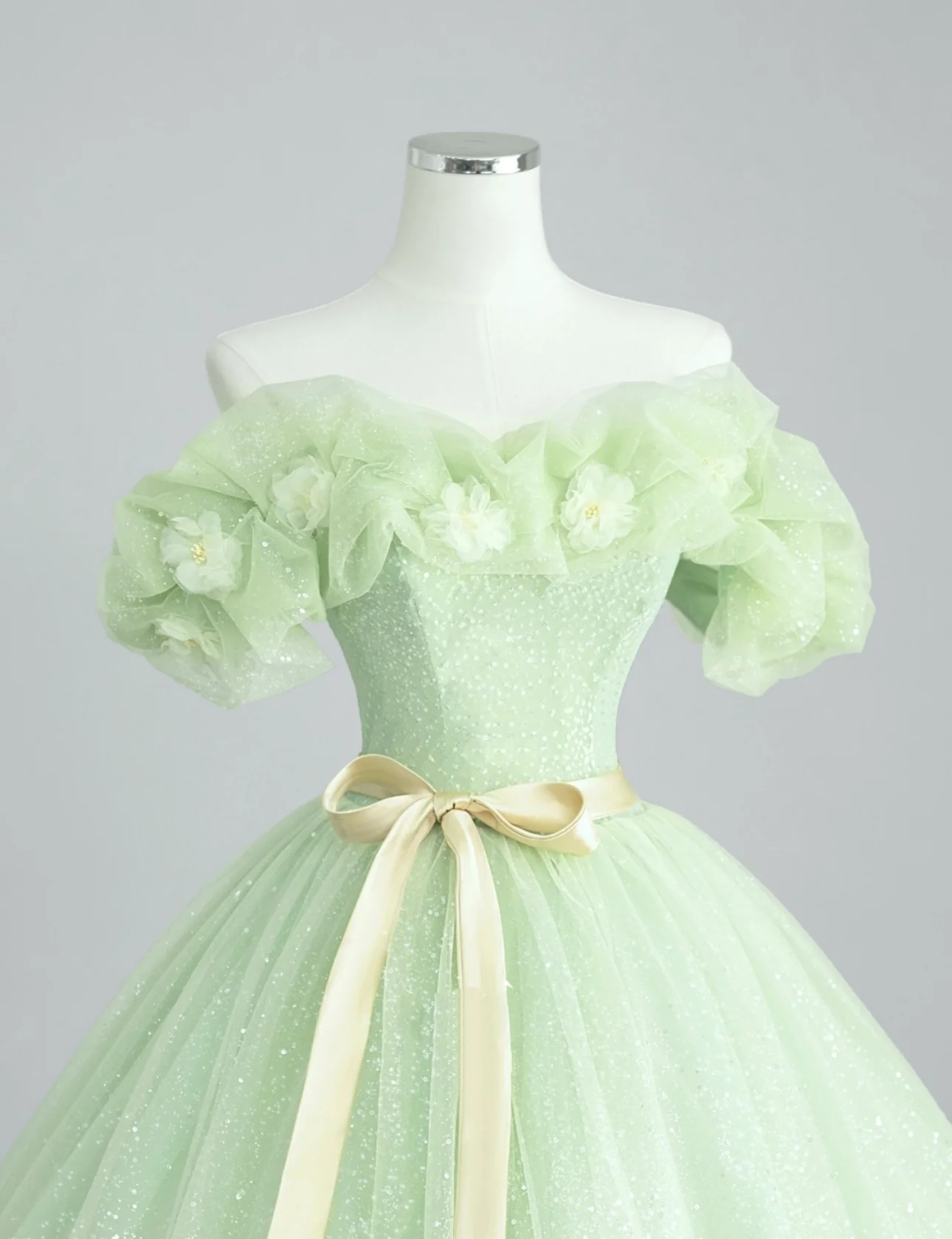 A-Line Off Shoulder Tulle Green Long Prom Dress, Green Sweet 16 Dress - Deanwangkt