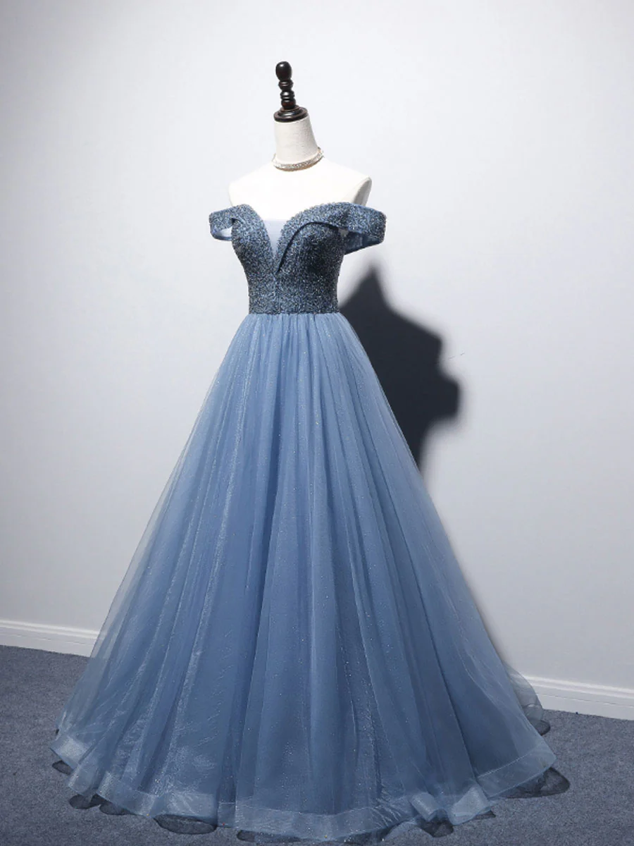 Blue Sweetheart Neck Beads Long Prom Dress, Blue Tulle Formal Dress With Beading Sequin - Deanwangkt