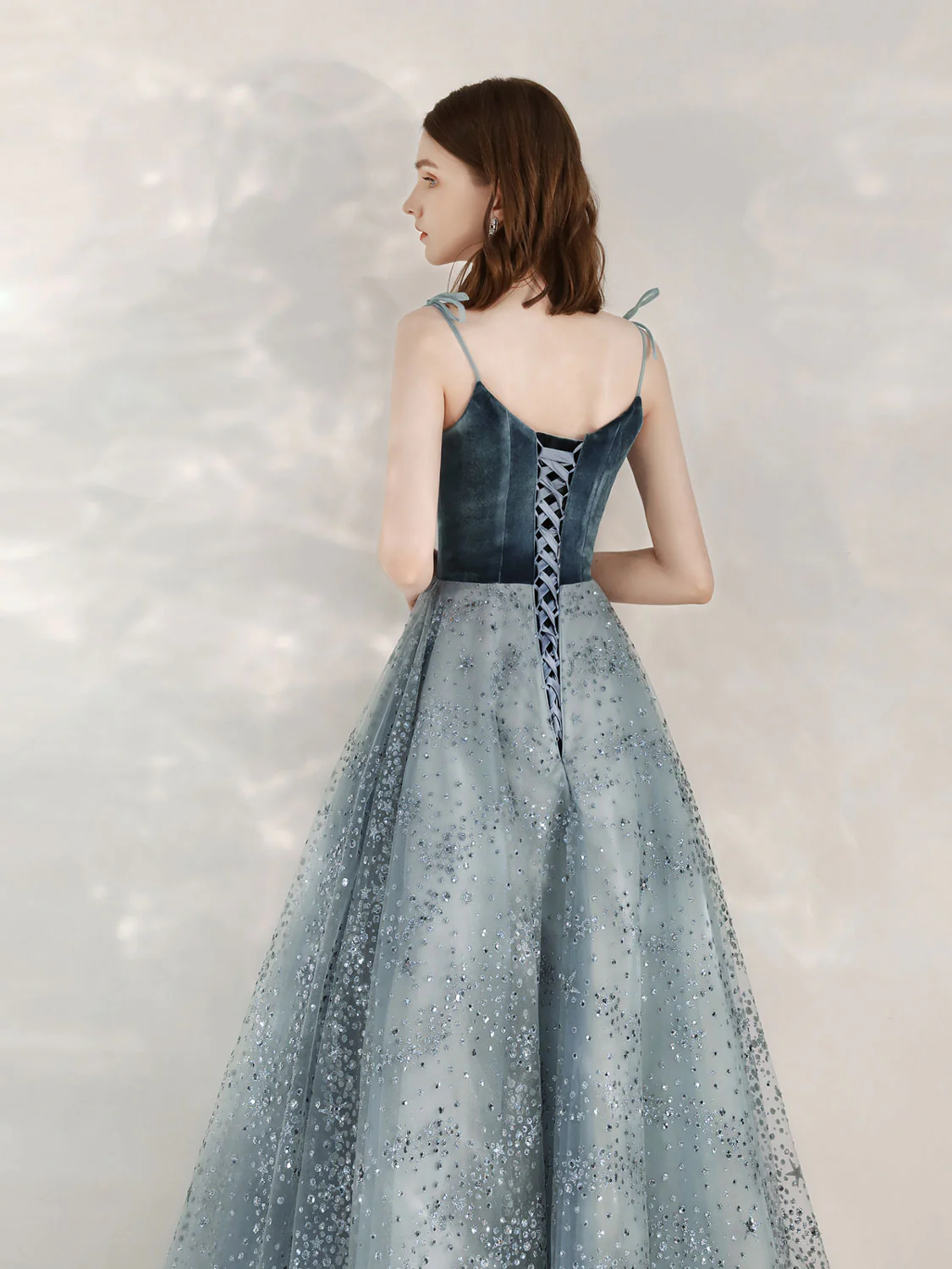 A-Line Sequin Tulle Blue Long Prom Dresses, Tulle Formal Dress with Velvet - Deanwangkt