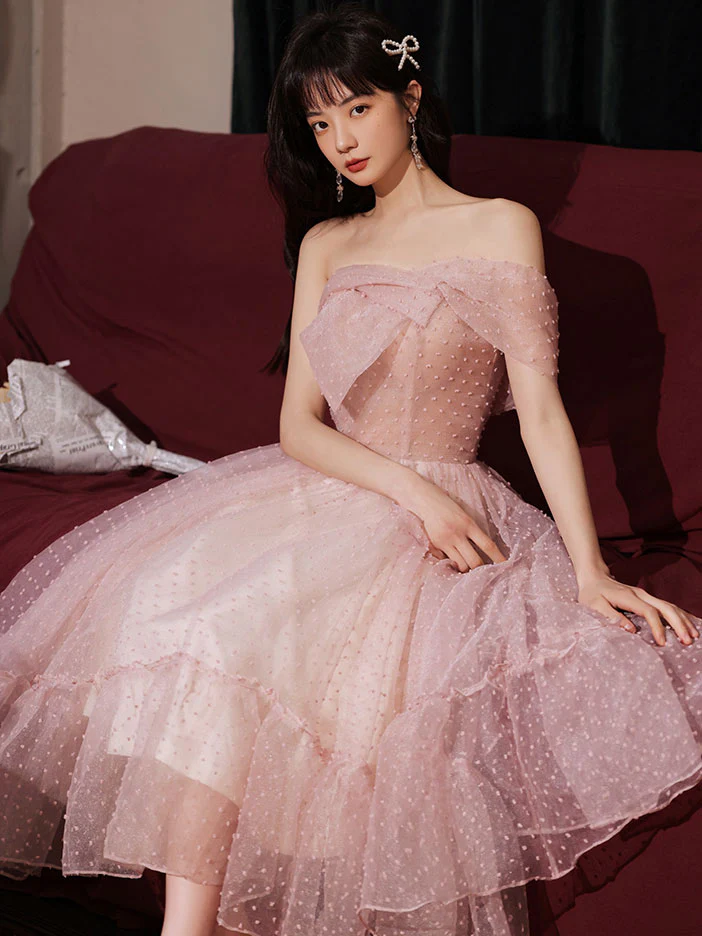 Pink One Shoulder Short Prom Dress, Cute Puffy Pink Homecoming Dresses - Deanwangkt