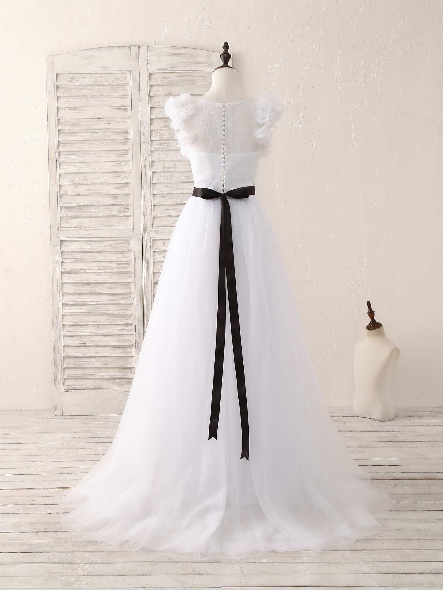 White A-Line Lace Tulle Long Prom Dress, White Evening Dress - Deanwangkt