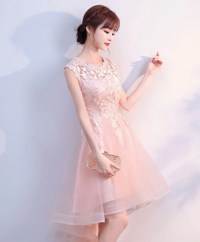 Pink Tulle Lace High Low Prom Dress, Pink Homecoming Dress - Deanwangkt