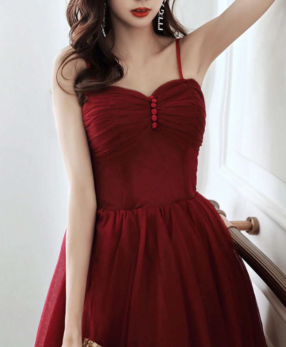 Simple Sweetheart Tulle Short Prom Dress Burgundy Homecoming Dress - Deanwangkt