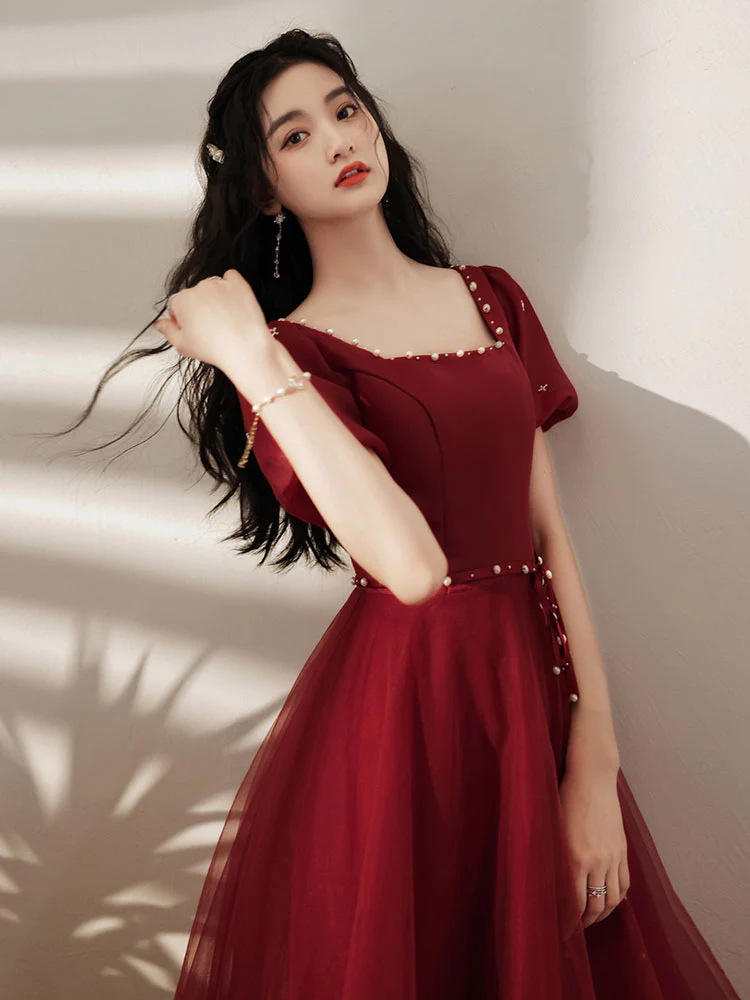 Simple Tea Length Burgundy Prom Dress, Burgundy Graduation Dresses - Deanwangkt