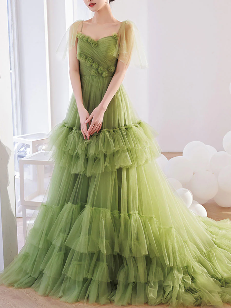 Green V Neck Tulle Long Prom Dress, Green Tulle Formal Dresses - Deanwangkt