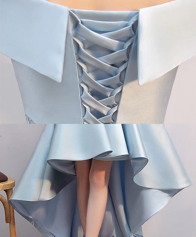 Light Blue High Low Lace Prom Dress, Blue Formal Bridesmaid Dress - Deanwangkt