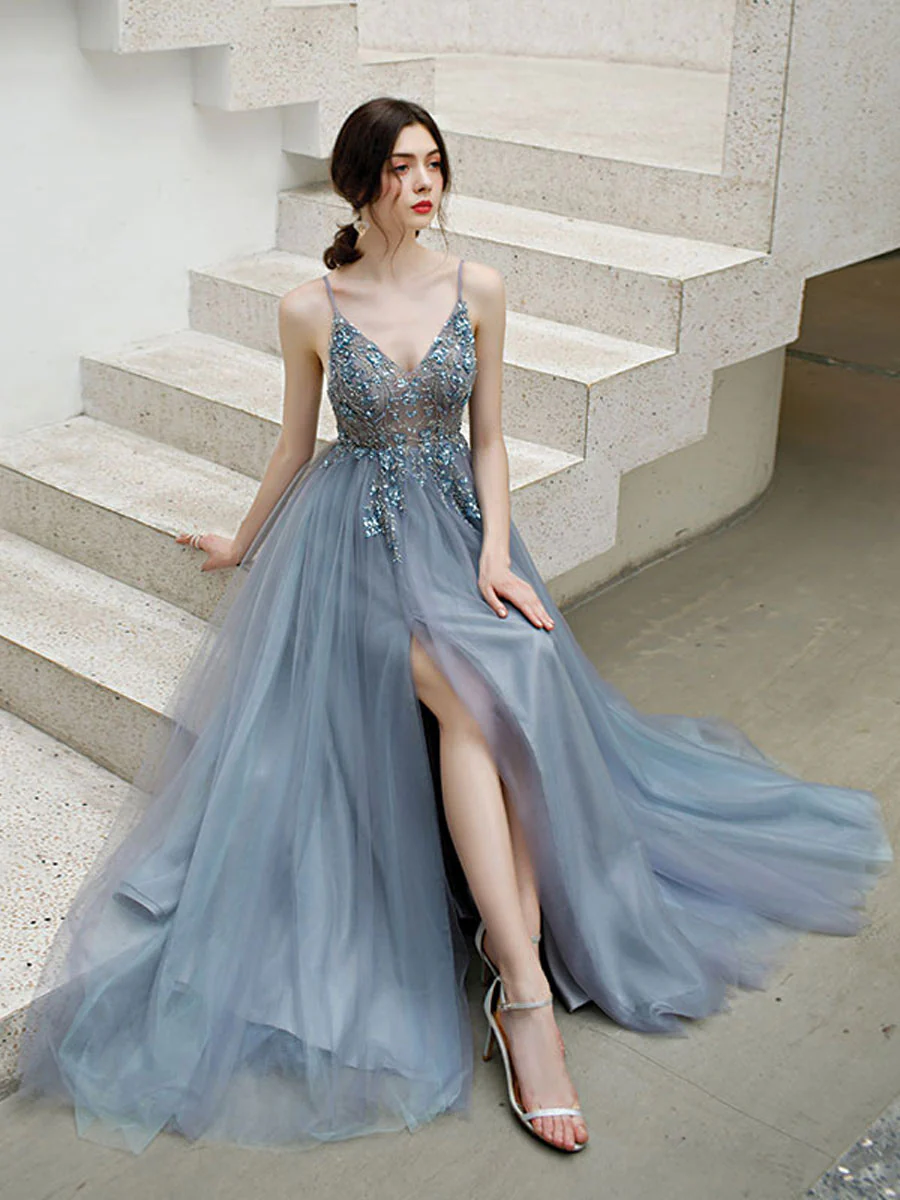 Gray blue v neck tulle beads long prom dress, gray tulle formal dress - Deanwangkt