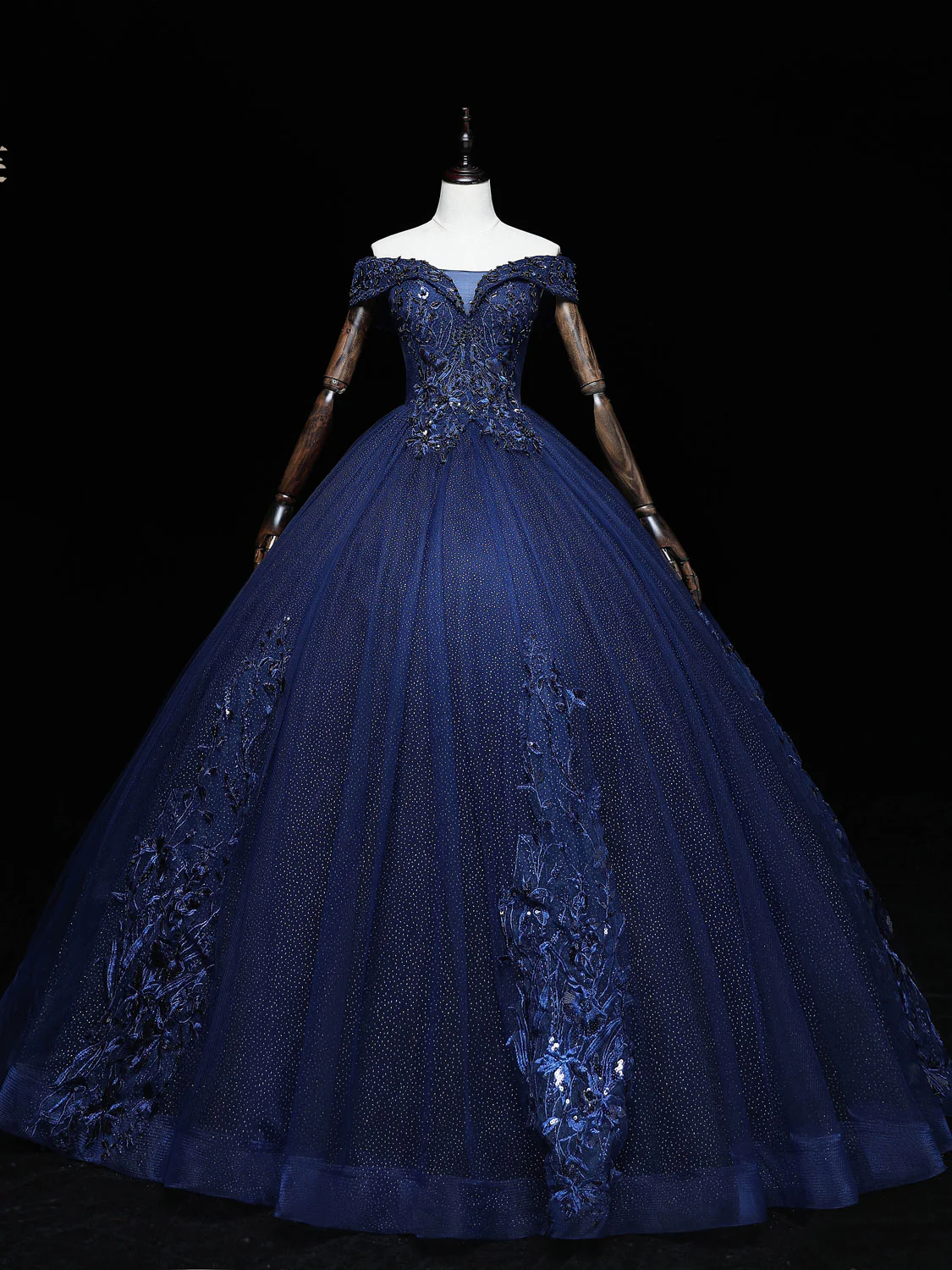 Dark Blue Off Shoulder Tulle Lace Long Prom Gown, Blue Sweet 16 Dress With Beading Sequin - Deanwangkt