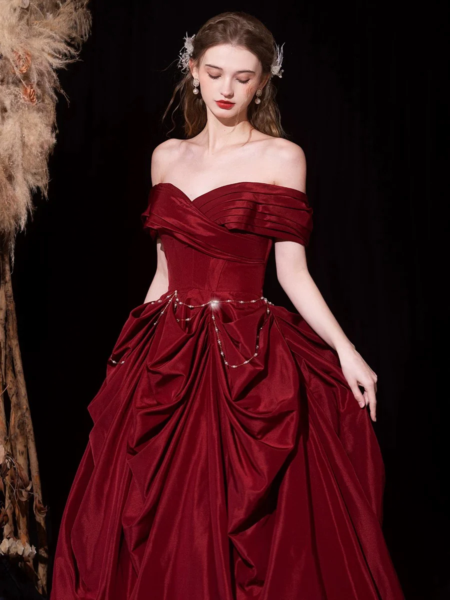 A-Line Off Shoulder Satin Burgundy Long Prom Dress, Burgundy Long Evening Dress - Deanwangkt