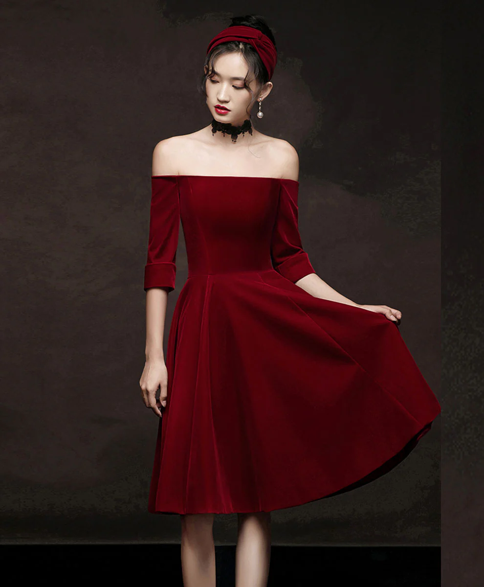 Simple Burgundy Short Prom Dress, Velvet Burgundy Homecoming Dress - Deanwangkt