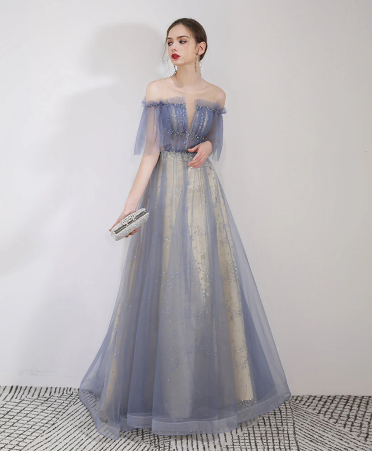 Blue Round Neck Tulle Lace Long Prom Dress, Blue Long Evening Dress - Deanwangkt