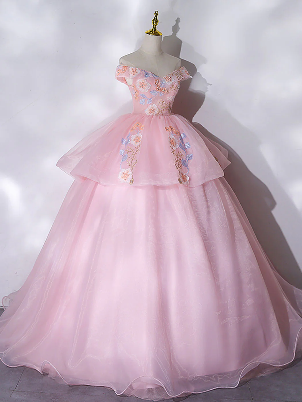 A-Line Off Shoulder Organza Lace Pink Long Prom Dress. Pink Sweet 16 Dress - Deanwangkt