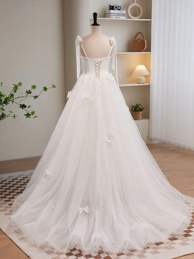 White A-line Tulle Long Prom Dress, White Tulle Formal Dress - Deanwangkt