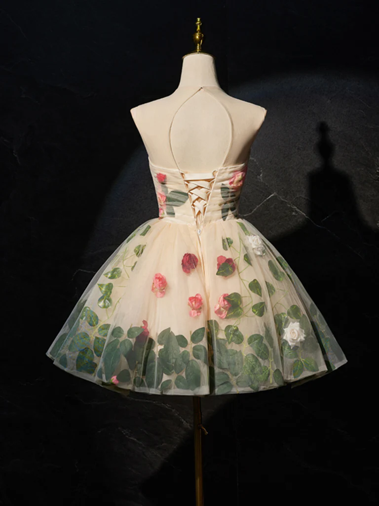 Unique Scoop Neckline Tulle Flower Champagne Short Prom Dress, Cute Formal Dress - Deanwangkt