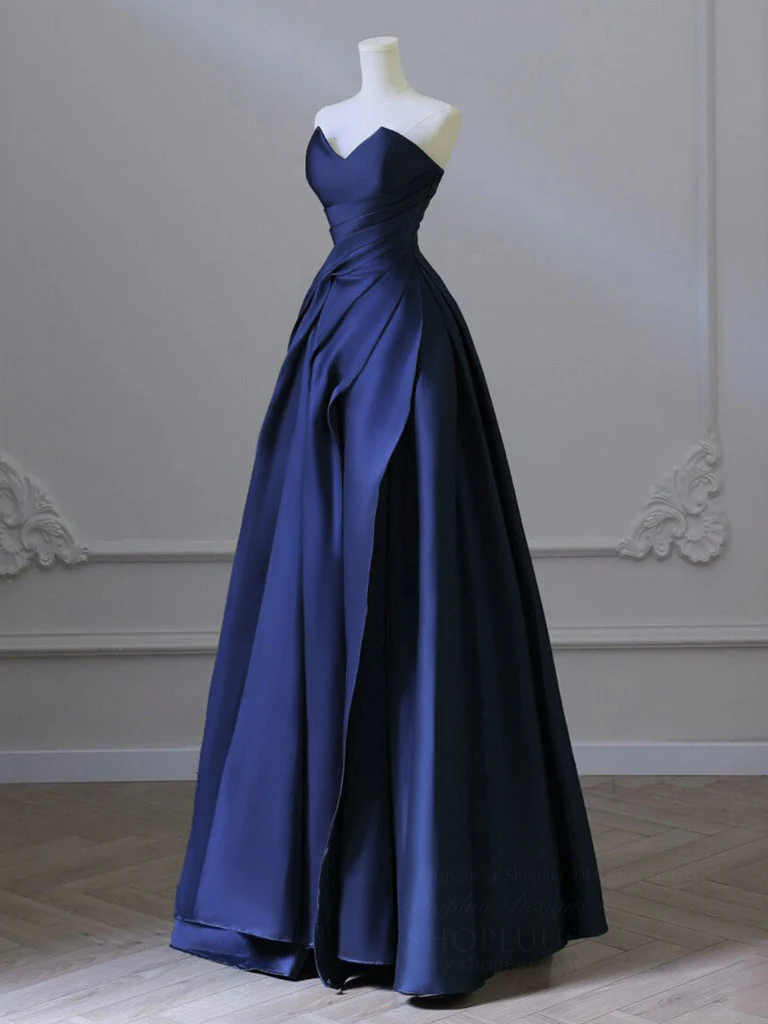 A-Line V Neck Satin Dark Blue Long Prom Dress, Dark Blue Long Formal Dress - Deanwangkt