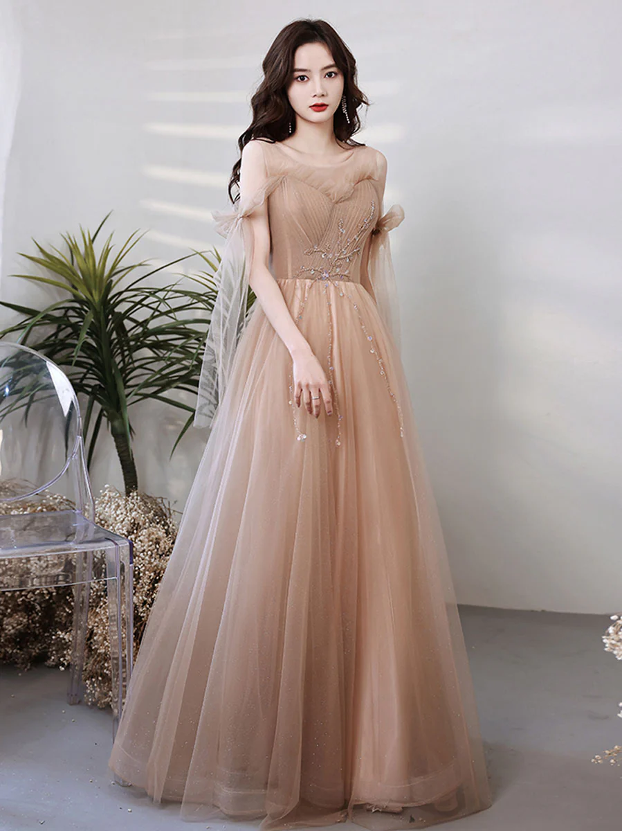 A line Tulle Beads Champagne Long Prom Dress, Champagne Graduation Dresses - Deanwangkt