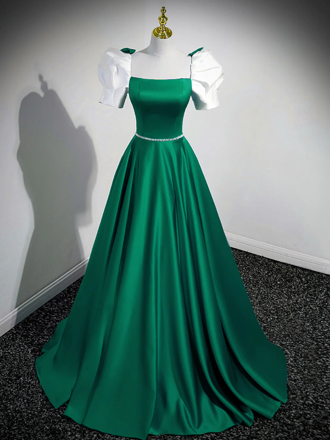 A-Line Satin Green Long Prom Dresses, Green A-Line Formal Dresses - Deanwangkt