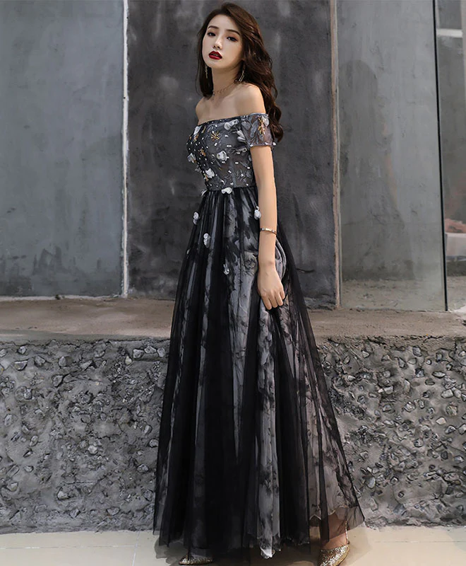 Black Tulle Lace Long Prom Dress, Black Tulle Evening Dress - Deanwangkt