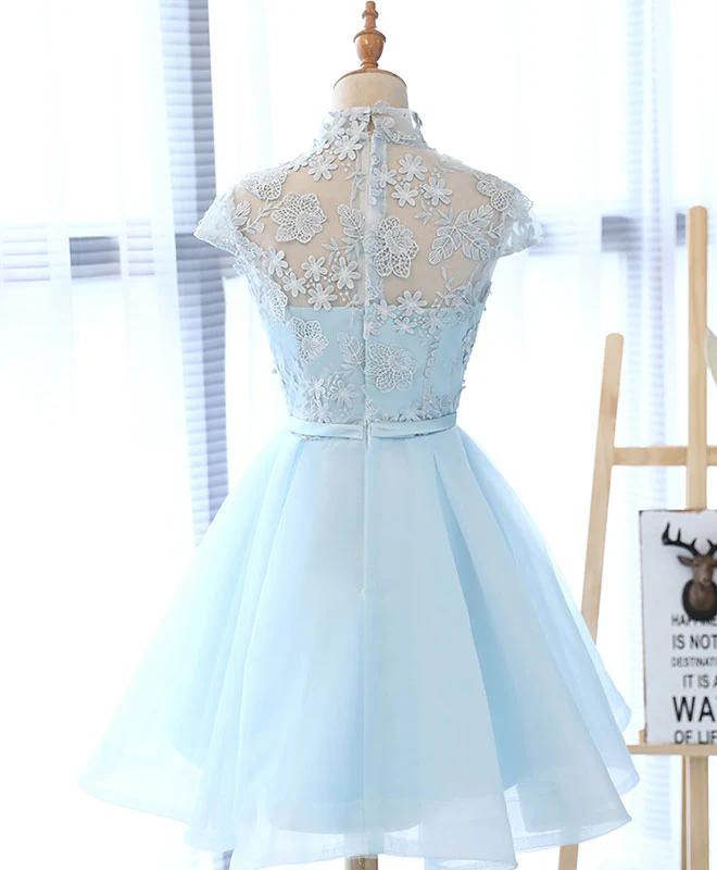 Light Blue Applique Short Prom Dress, Blue Homecoming Dress - Deanwangkt