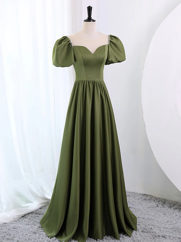 A-Line Scoop Neckline Puff Sleeves Satin Long Green Prom Dress, Green Formal Dress - Deanwangkt